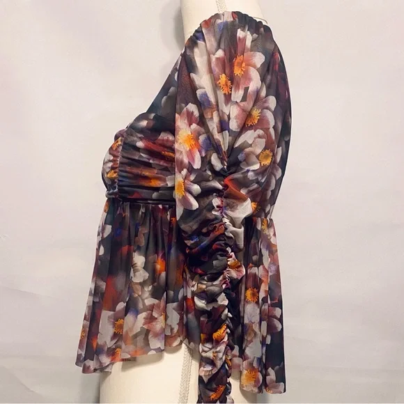 Urban Outfitters Floral Ruffle Ruched Mesh Long Sleeve Babydoll Top, Size S - Picture 5 of 9